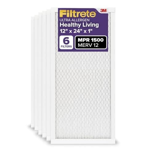 Filtrete 12x24x1 AC Furnace Air Filter, MERV 12, MPR 1500, CERTIFIED asthma & allergy friendly, 3 Month Pleated 1-Inch Electrostatic Air Cleaning Filter, 6-Pack (Actual Size 11.69x23.69x0.78 in)