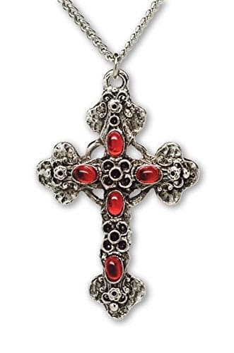 Gothic Filigree Cross with Red Stones Medieval Renaissance Pewter Pendant Necklace