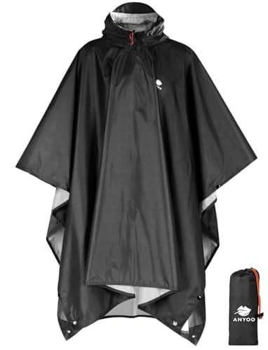 ANYOO Hooded Rain Poncho for Adults Waterproof Lightweight Rain Coats for Men Women Reusable Rain Jacket for Emergency Camping Outdoor Activities (Black) One Size