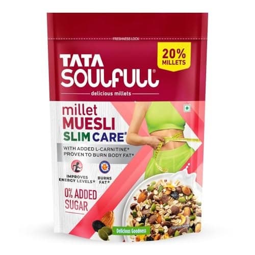 Tata Soulfull Slim Care Millet Muesli with Added L-Carnitine*, No Added Sugar, Proven to Burn Body Fat*, Improves Energy Levels, High in Protein & Fiber, Breakfast Cereal, 400g