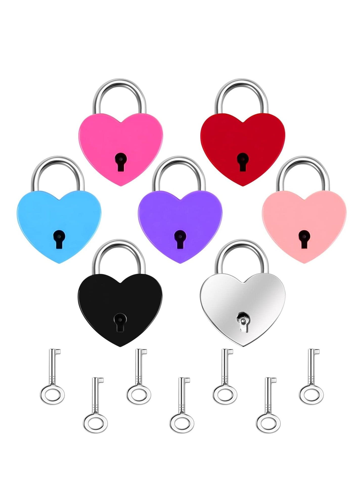 7 Piece Small Padlock Mini Lock Alloy Heart Shaped with Key Suitcase Locker Decorative Diary Love for Box Luggage (Multi Color)