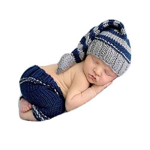 Vedory Fashion Newborn Baby Photography Props Boy Girls Photo Shoot Props Outfits Crochet Knitted Costume Unisex Cute Infant Hat Pants Set (Striped Suit),0-3 Months