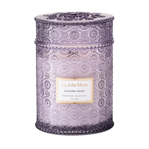 LA JOLIE MUSE Lavender Suede Candle – Eucalyptus, Lavender & Sandalwood 19 oz Large Wooden Wick Candle | Natural Soy Wax | 90 Hours Clean Burn | Aromatherapy Candle for Relaxation