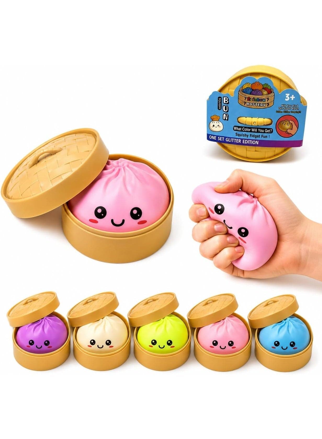 Pack of 2 Squishy Dumpling Fidget Toys, Assorted Color Steamed Bun Squeeze Toys, Soft Slow Rising Food Squishies, Cute Desk Fidget Toy for Kids and Adults, Party Favor and Novelty Toy