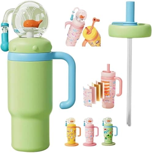 Stainless Steel Whale Fountain Tumbler with Handle 2025 Drinking Cup with Whale Squirt Insulated Travel Tumblers Kids Weighted Sippy Cup No Spill Cute Water Bottle with Lids and Straws Leak Proof (A6)