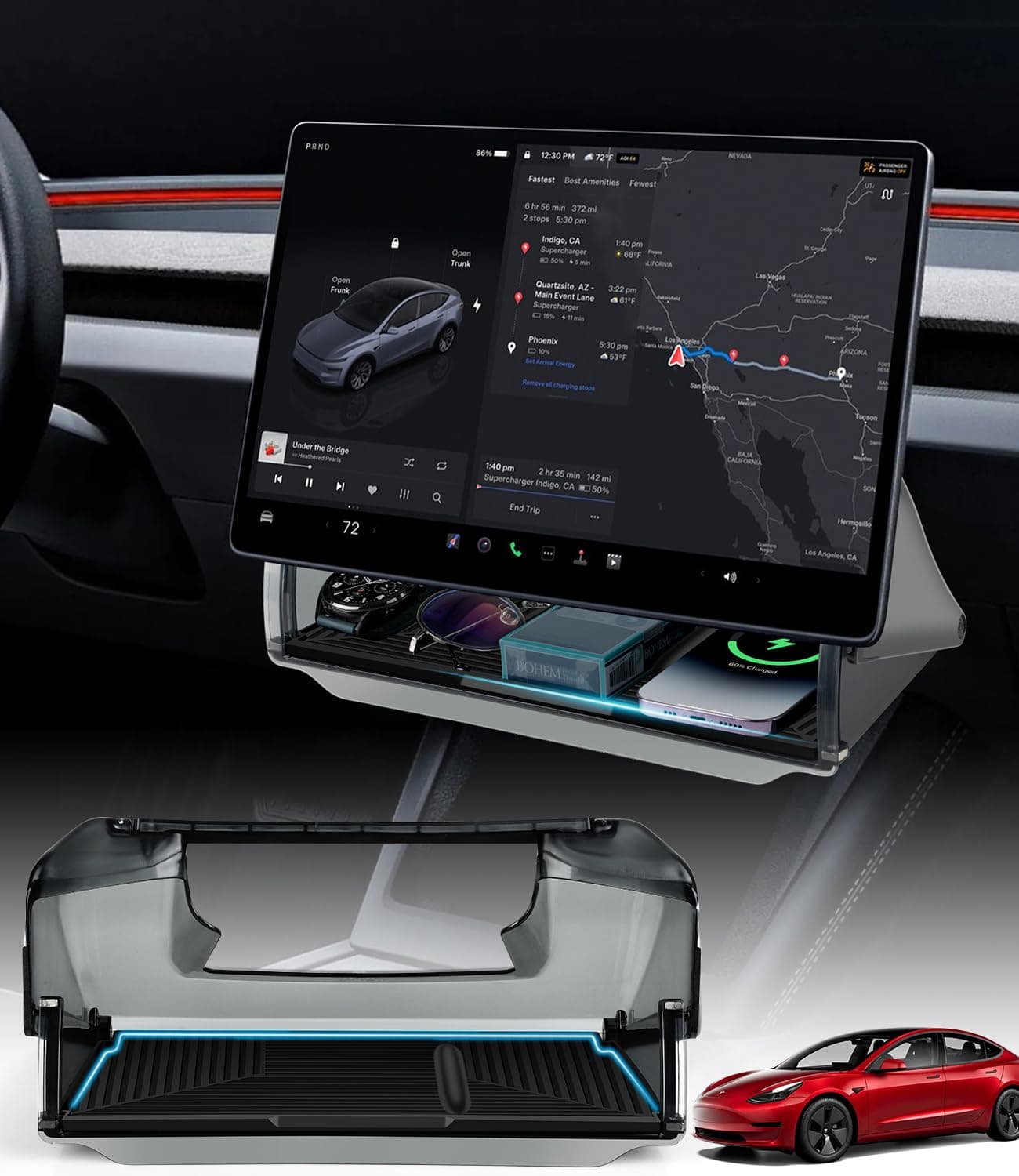 Autodecor 1Up Hidden Under Screen Storage - with Silicone Anti-Slip Mat Fit for 2016-2026 Tesla Model Y & 3 (Including Model 3 Highland) - Hidden Design Center Console Organizer Tray