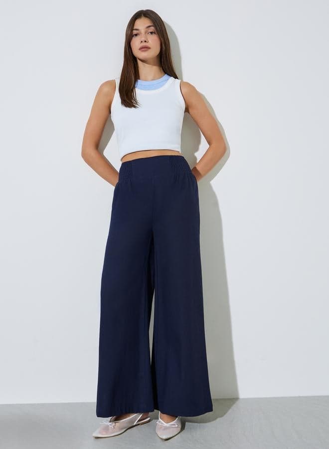 Navy Blue Cotton Wide Leg Trousers