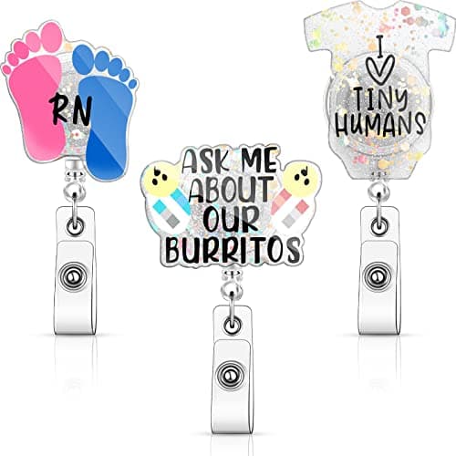 Leinuosen 3 Pcs NICU Nurse Badge Reels Postpartum Mother Baby Badge Reels Labor and Delivery Gifts with Clip Retractable I&D Cards Holder Gifts for RN Pediatric Nurse Doctor Students(Glitter Style)