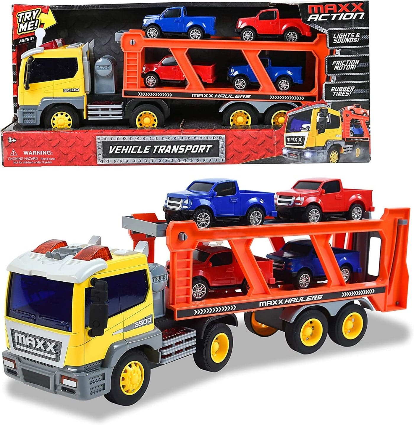 Sunny Days Entertainment Maxx Action 17 Vehicle Transport with 4 Diecast Trucks Bright Lights and Car Sounds Friction Powered Trailer 6 Piece Toy Playset for Kids