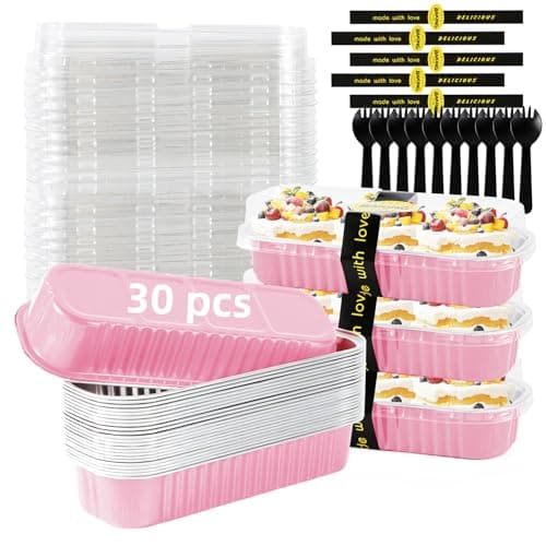 Orlashop Mini Loaf Pans with Lids and Spoons Sealing Sticker68oz Cake Pans for Baking Disposable Aluminum Foil PinkRed cake pan 30 Pink