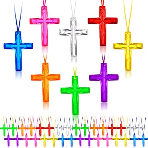 Junkin 96 Pcs Crystal Cross Necklaces Easter Plastic Crosses Necklace Bulk Mini Christian Religious Party Favors Sunday School Prizes for Adults Bible Toys Church Gift 8 ColorClassic Color