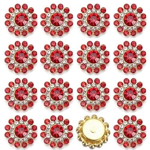 100PCS 14MM Sew on Rhinestones Gems Flower Gold Claw Rhinestones Glass Crystals Jewelry for Crafting Sewing Clothes Dresses Shoes Belt Decoration Accessories Red