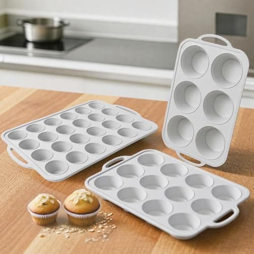 Vnray 3Pcs Silicone Muffin Pan 6 12 and 24 Cup with Metal Frame Non Stick Jumbo Cupcake Pan with Handles BPA Free Silicon Mini Muffin Tin Regular Tray For BakingEgg BitesMold Light Grey