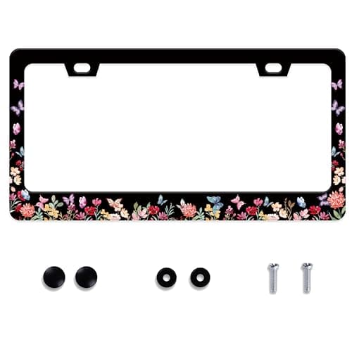 Butterfly Flower License Plate Frame Forest Flower Stainless Steel License Plate Frame Auto Parts Decoration with Screws License Plate Holder for Men Women 12x6 Inch