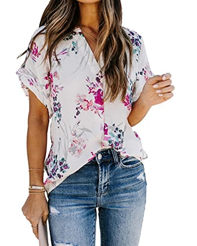 Allimy Womens Summer Casual Blouses Dressy Trendy 2025 Short Sleeve Floral Tops Purple L
