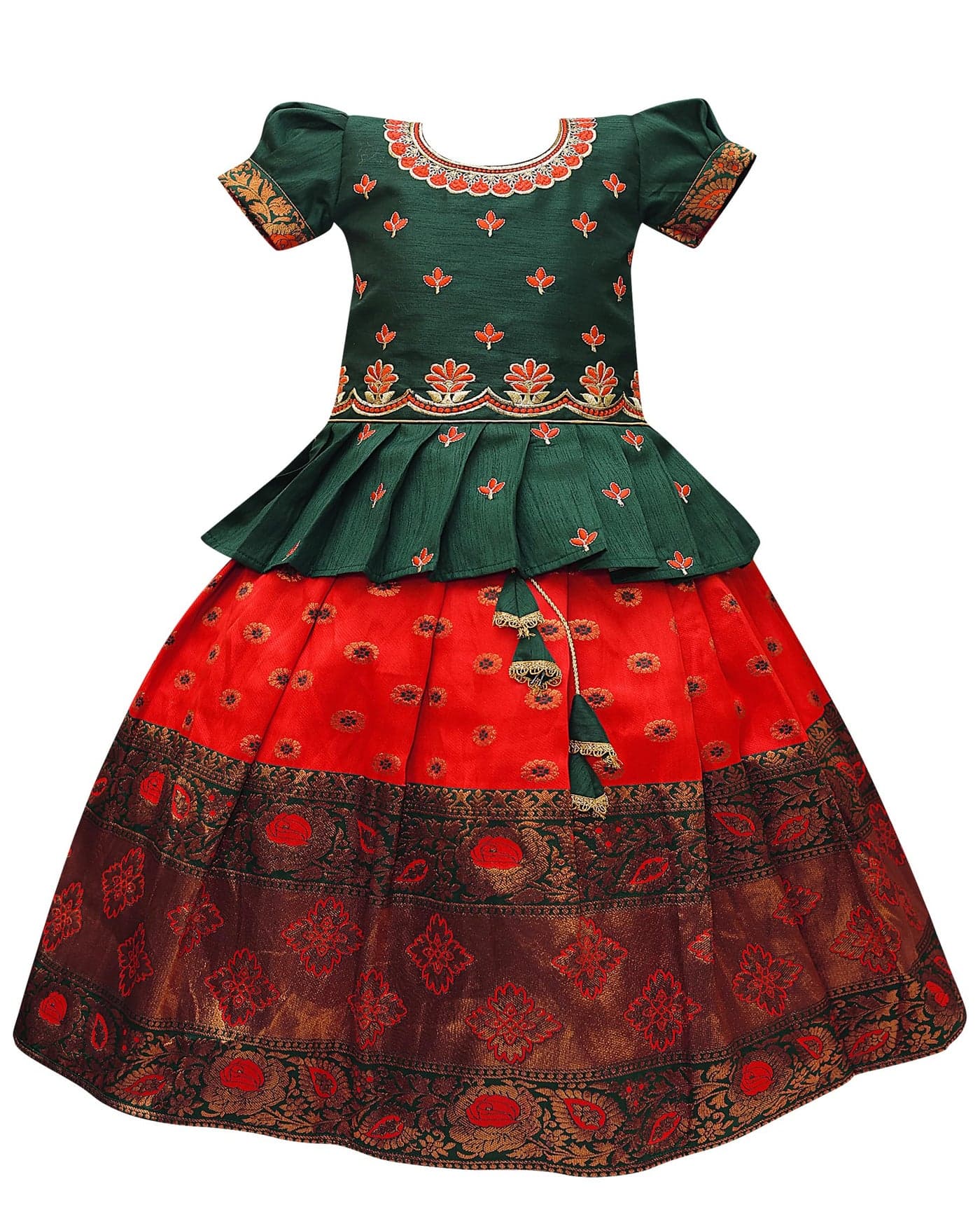 Suzvan Baby Girls South Indian Pattu Pavadai Lehenga Choli set For kids Dress (Red & Green, 5 Years-6 Years)