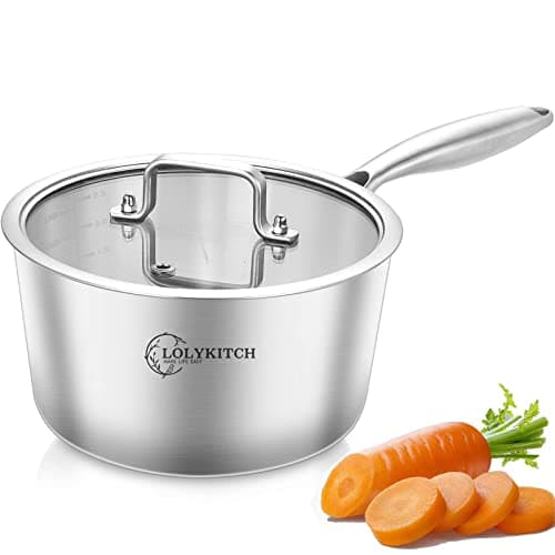 LOLYKITCH Tri-Ply Stainless Steel 2.5 QT Saucepan with Lid,Dia.18CM Induction Cooking Sauce Pot,Oven and Dishwasher Safe,Detachable Handle.