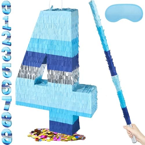 PCFING 20 Inch Number 4 Piata Blue Silver with 30 Inch Piata Stick Blindfold Confetti for Boys Girls Adults Birthday Party Decorations Anniversary Celebration Fiesta