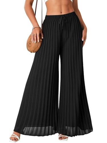 OPOIPIN Women's Chiffon Wide Leg Pleated Pants High Waist Flowy Loose Casual Long Trousers Black Large