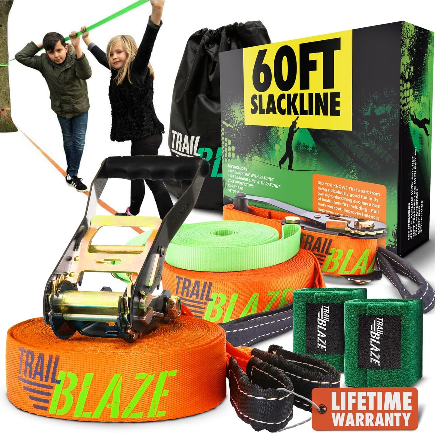 Complete Slackline Kit with Training Line - 60ft Longer Line Wider Tree Protectors, Slack Lines for Backyard for Kids Adults, Tight Rope Slacklines Ninja Slackline Obstacle Course Kids Slack line Kit