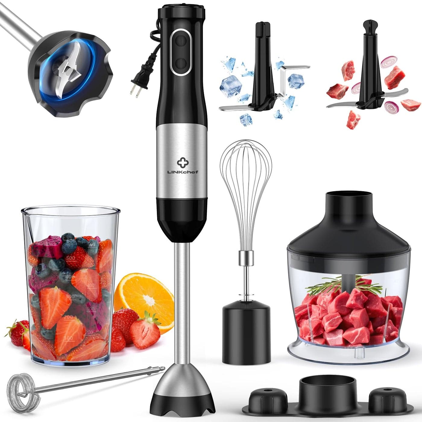 LINKChef 7 in 1 Immersion Blender Handheld 800W Hand Blender Set Scratch Resistant with 2 Titanium Steel Blades 20 Speed and Turbo Mode Includes Whisk Milk Frother Food Processor Beaker
