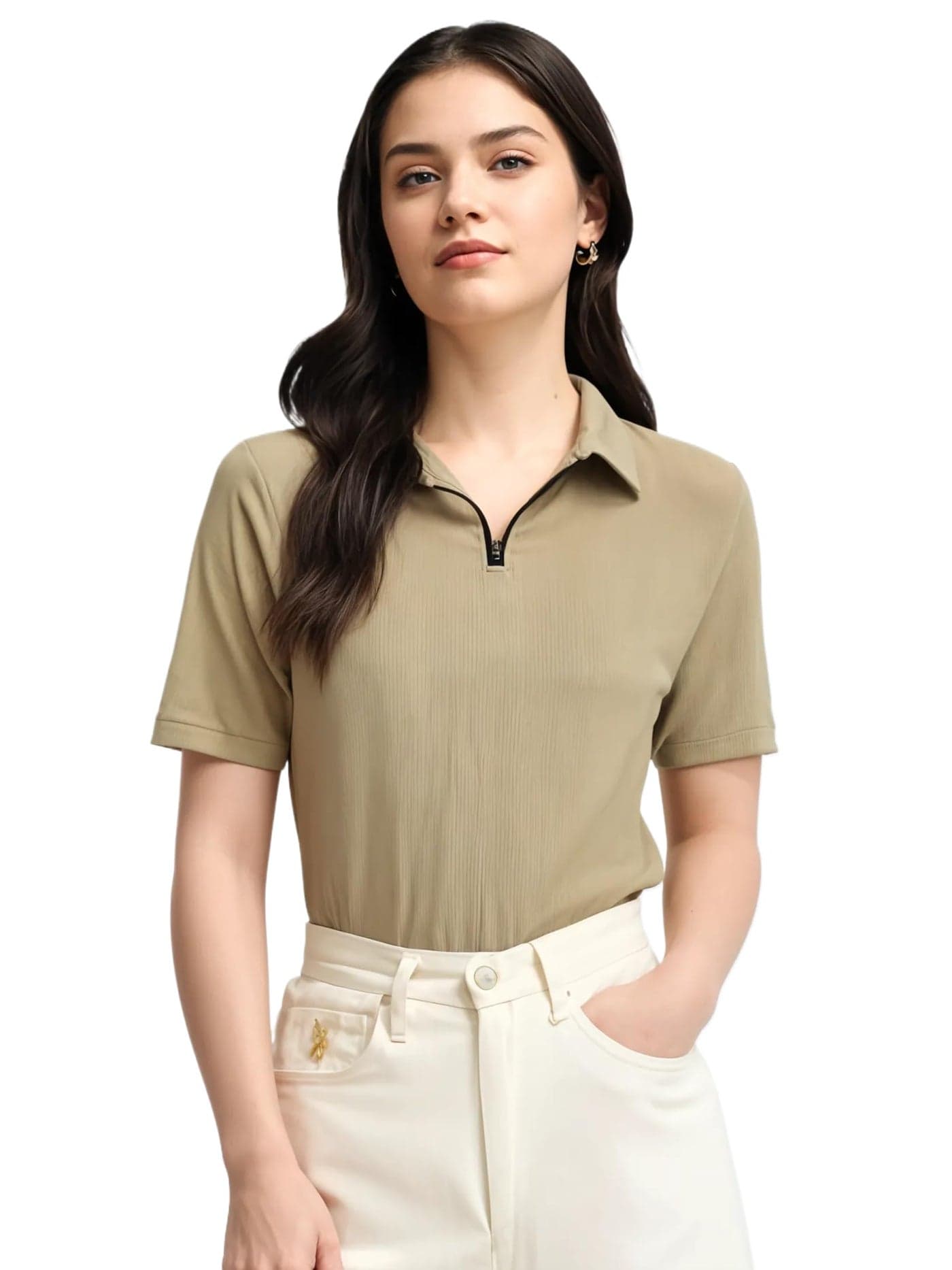 Mack Jonney Ribbed |Regular Fit | Half Sleeves 100% Cotton Polo Neck Self Design with Zip T-Shirt for Women-M927 Camel