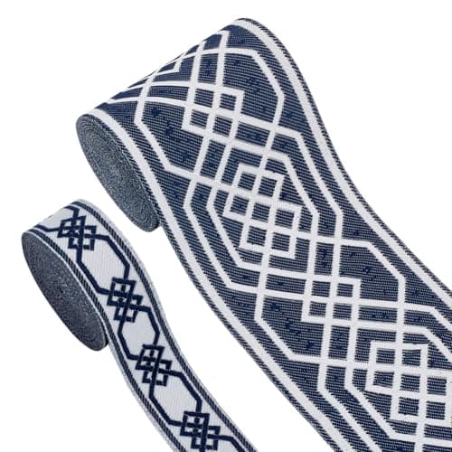 FINGERINSPIRE Blue Jacquard Ribbon 11 Yards 285mm85mm Wide Classical Rhombus Embroideried Lace Trim Woven Fabric Trim Vintage Fringe Floral Sewing Lace for Crafts