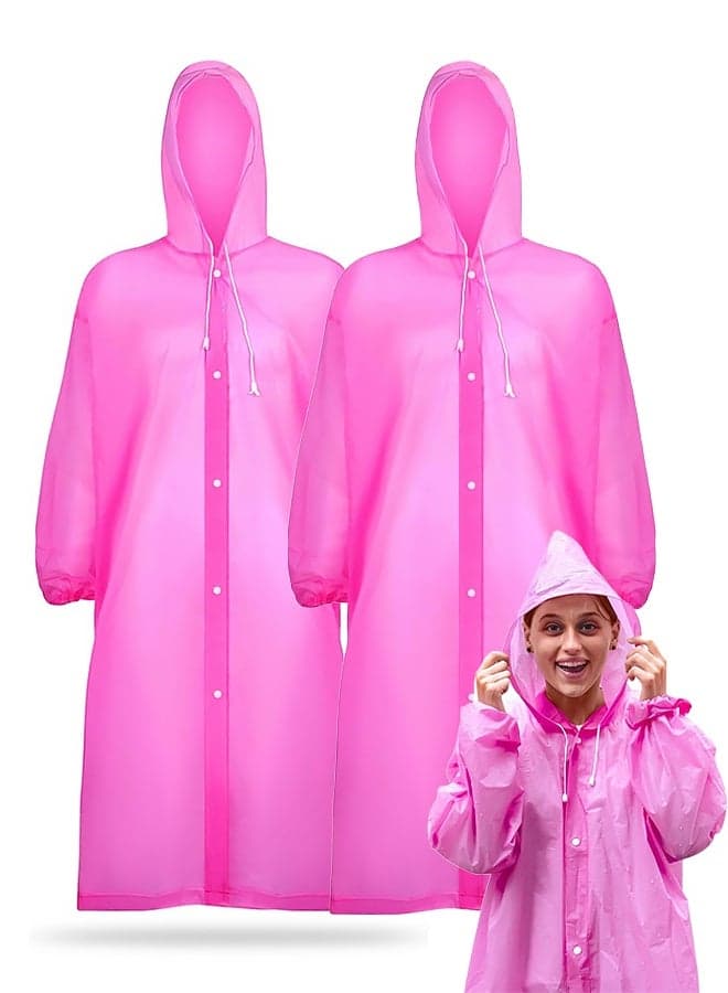 2PCS Rain Ponchos for Adults Reusable Rain Coats with Hood and Drawstring Thicken Ponchos Waterproof for Women(Pink)