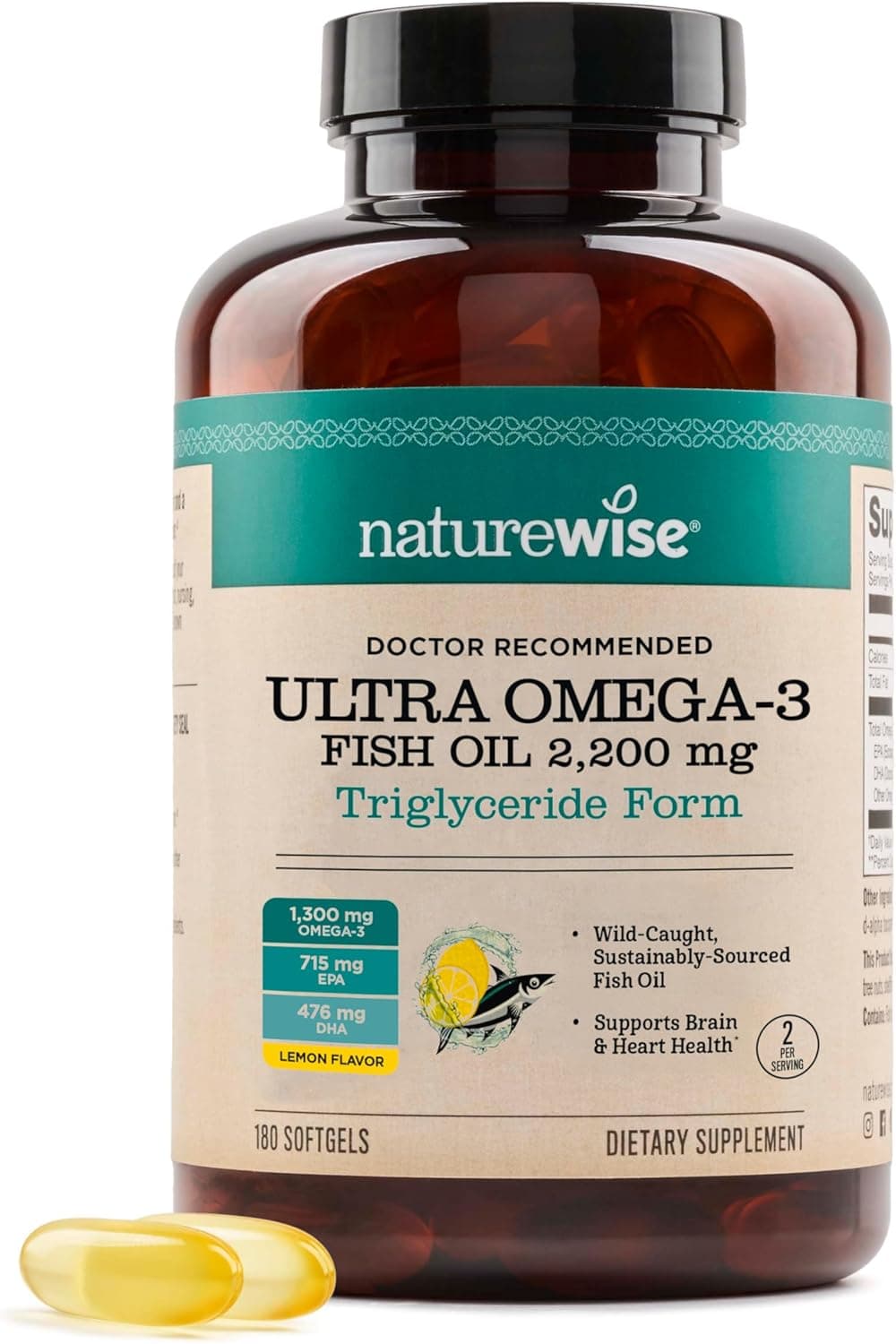 NatureWise Ultra Omega 3 Fish Oil 2200 mg Triglyceride Form Lemon Flavor WildCaught Fish Oil EPA DHA Supports Brain Heart Health Burpless NonGMO 180 Softgels3Month Supply