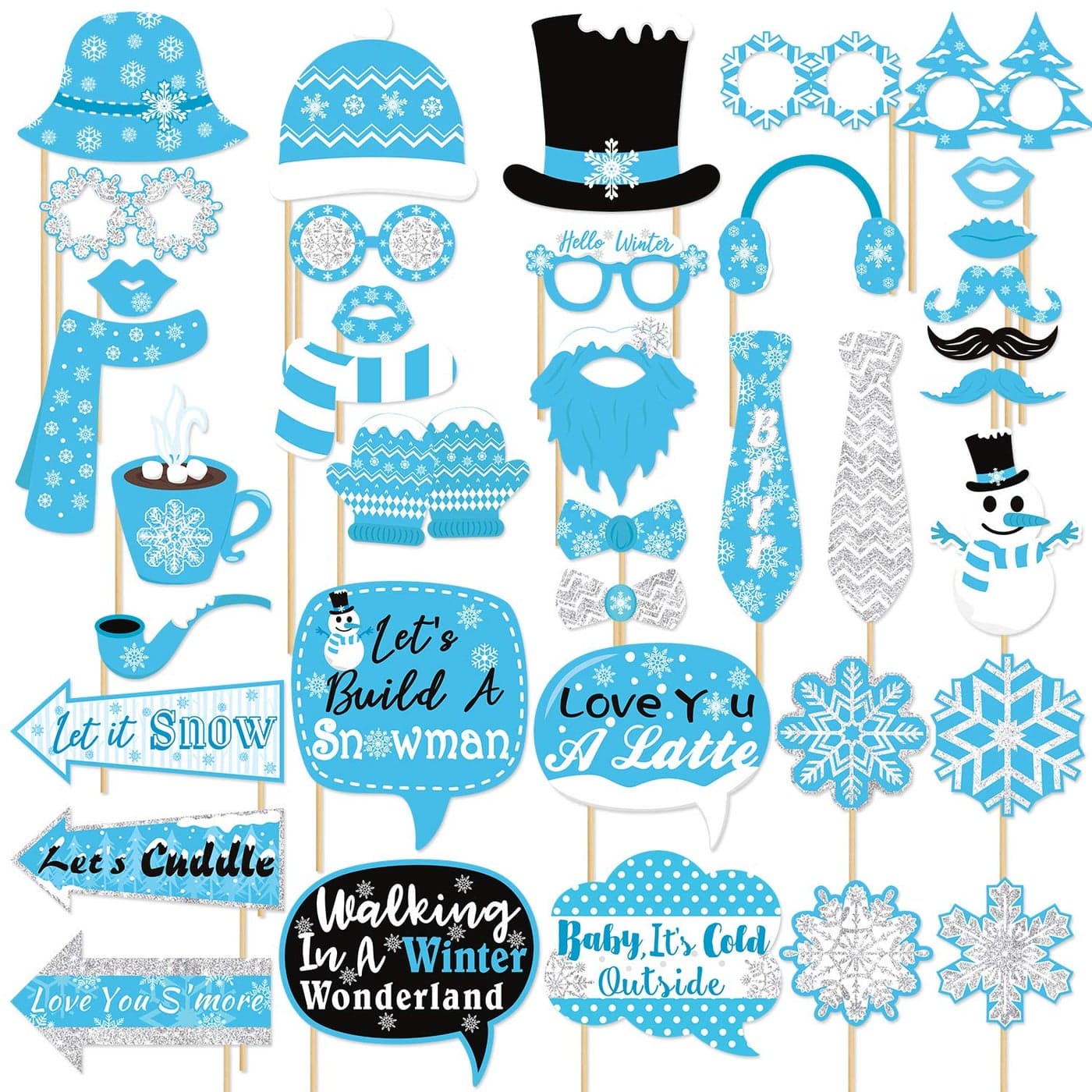 Snowflake Photo Booth Props 38 Pcs Frozen Party Decorations Winter Wonderland Party Favor for Holiday Party Christmas Party Supplies