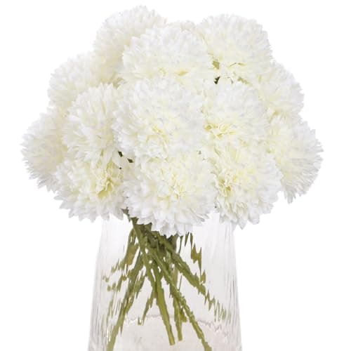 Kimuras Cabin 20Pcs Fake Chrysanthemum Artificial Flowers Silk Ball Flowers Faux Mums Flower with Stem for Wedding Party DIY Bouquets Arrangements Home Table Core Decoration Vase FillersWhite