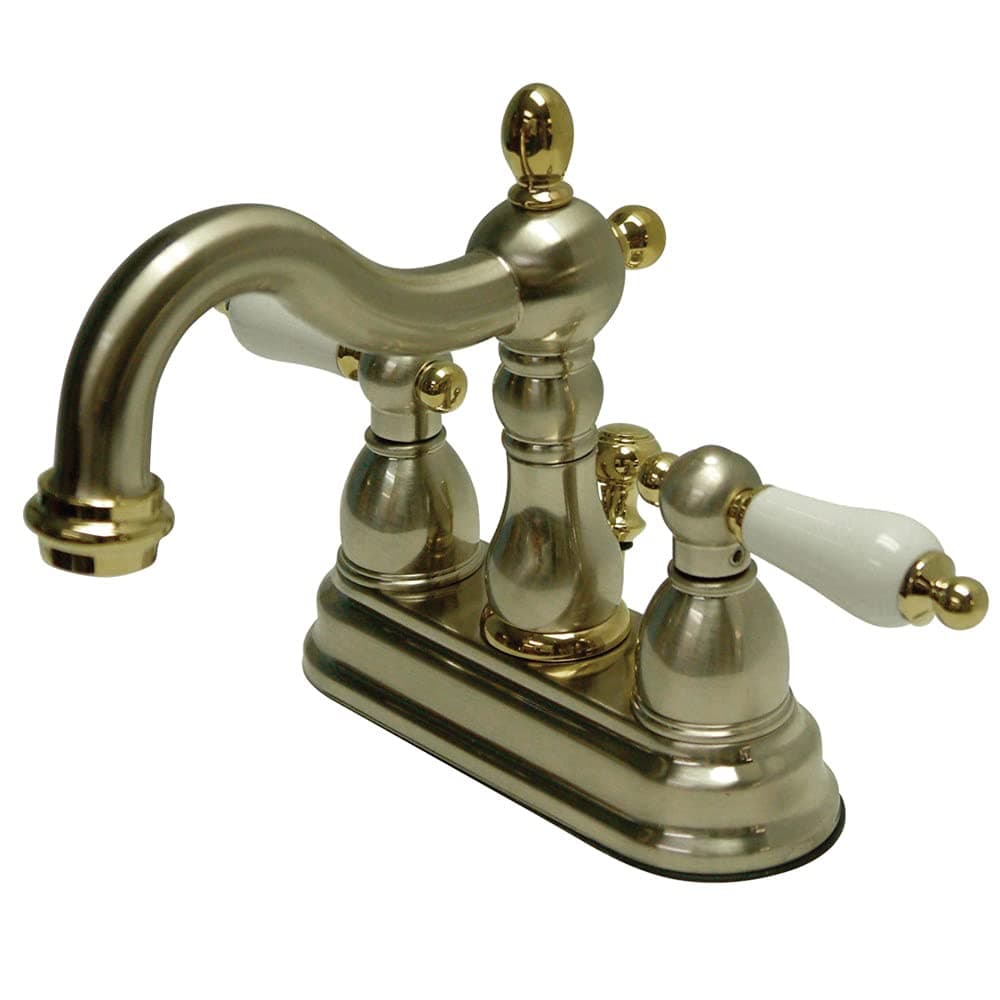 Kingston Brass KB1609PL Heritage 4Inch Centerset Lavatory Faucet with Porcelain Lever Handle Brushed Nickel and Polished Brass