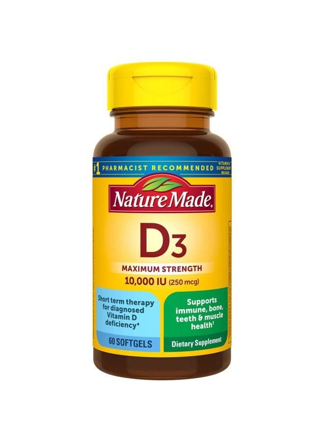 Maximum Strength Vitamin D3 10000 IU (250 mcg), Dietary Supplement for Bone, Teeth, Muscle and Immune Health Support, 60 Softgels, 60 Day Supply