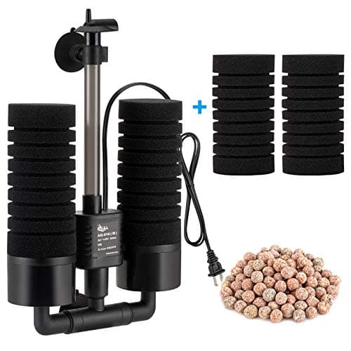 AQQA Aquarium Sponge Water Filter Power Driven Double Biochemical Filter Quiet Submersible Foam Filter with 2 Extra Sponges 1 Bag of Filtered Ceramic Balls for Fresh and Salt Water Fish Tank L