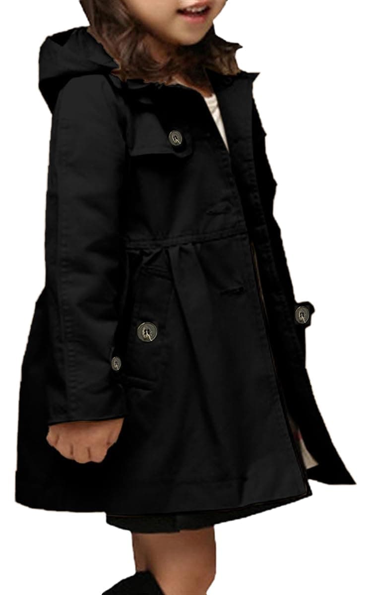 Betusline Girls Hoodie Trench Coat Single Breasted Windbreaker Hoodie Jacket Dress Outerwear for Girl Black 1112 Years Tag 160