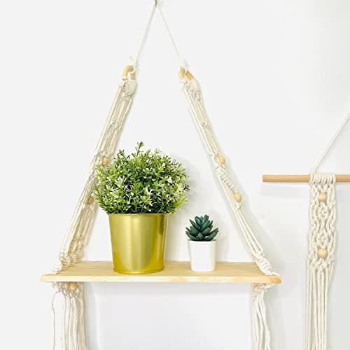 Kaahira Unique Design Boho Handmade Macrame Decorative Wooden Wall Mounted Hanging Home Decors Storage Floating Shelf for Books and Planters Livingroom, Bedroom 12x5x32 inches (Wall Shelf 01)