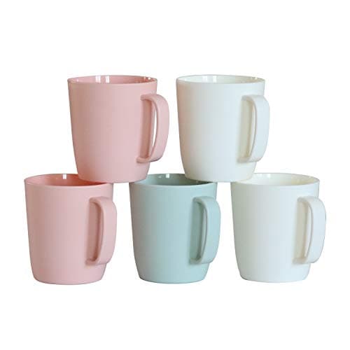 Kurala Coffee Mugs Set of 5, 10 Ounce Unbreakable Plastic Cups With Handle, 3 Basic Colors, Dishwasher Safe