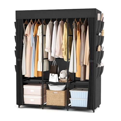 BrFoYu Wardrobe Closet Portable Closets for Hanging Clothes Large Capacity Clothes Rack with Cover, 3 Hanging Rods, 6 Shelves and 8 Pockets, Strong and Stable Free Standing Closet for Bedroom, Black