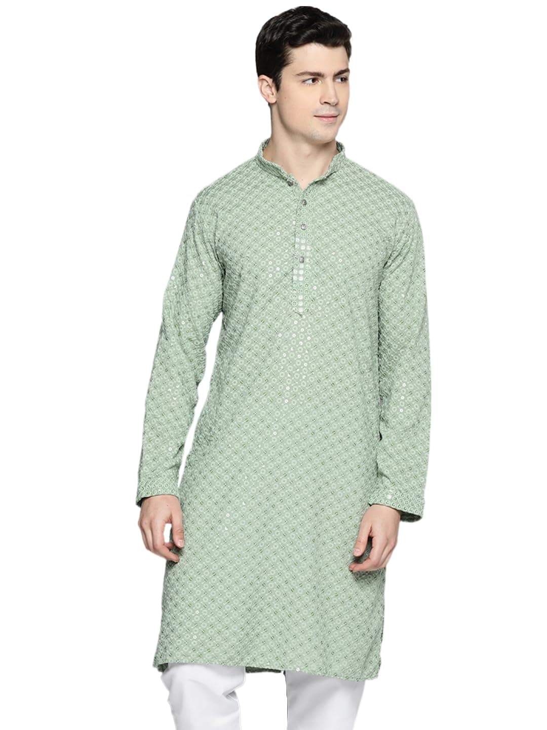 Jompers Men's Chikankari Embroidered and Sequence Kurtas (Pista, S)