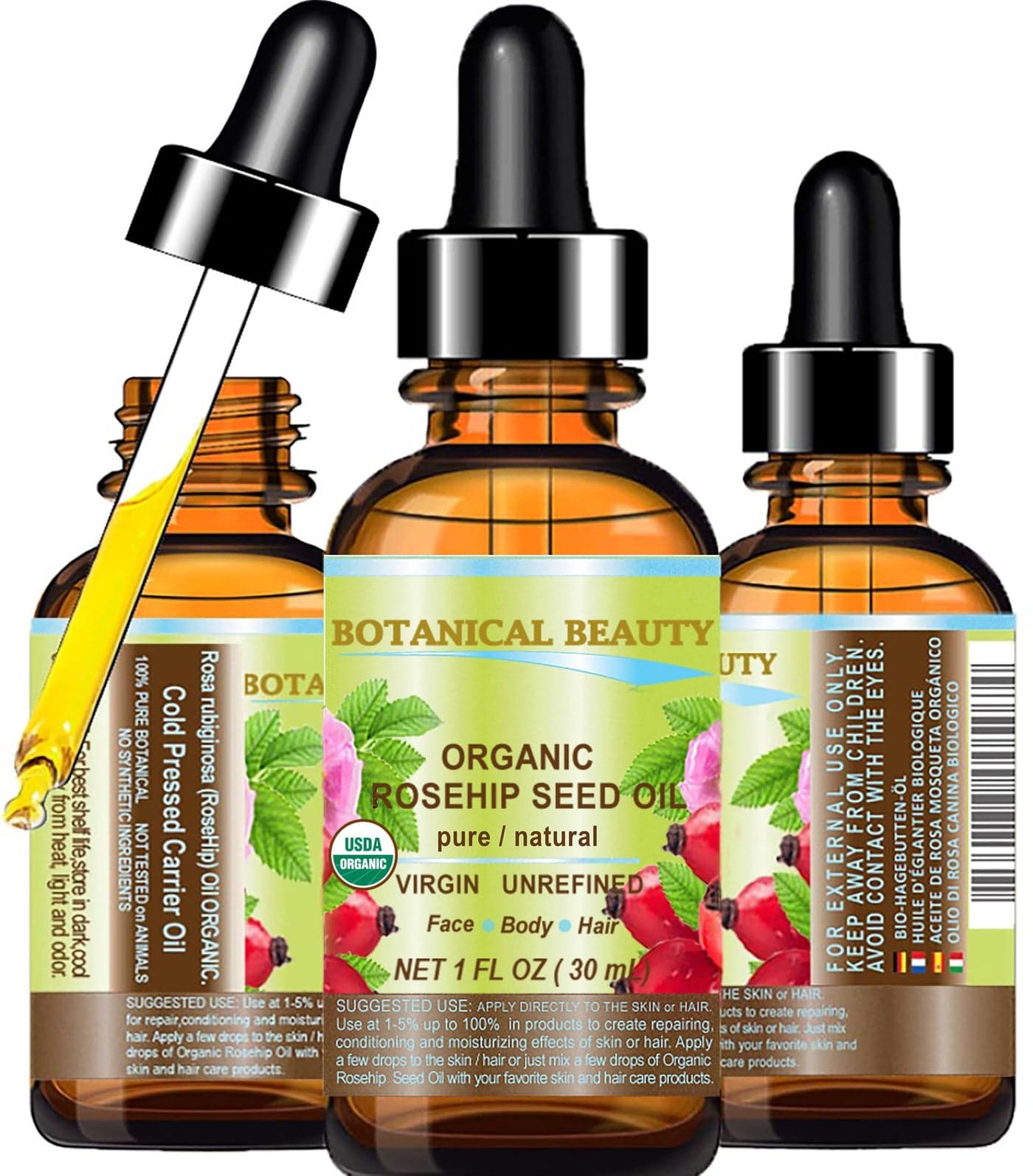 Botanical Beauty ROSEHIP OIL 100% Pure. For Face, Hair and Body. 0.5 Fl.oz.- 15 ml. anti-aging moisturizer facial oil