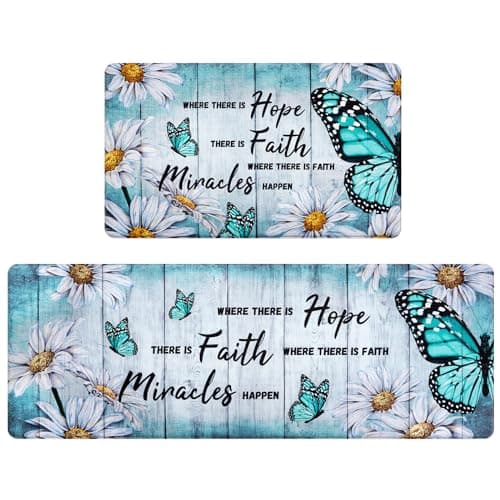 Likiyol Butterfly Floral Kitchen Rugs 2 Piece Farmhouse Kitchen Mats Cushioned Anti Fatigue, Non Slip Washable Kitchen Mats for Floor White Daisy Kitchen Floor Comfort Mats, 18'' x 30'' + 18'' x 48''
