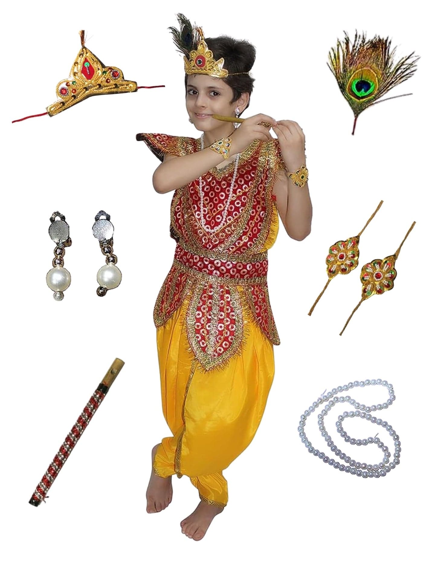Kaku Fancy Dresses Silk Krishna Costume For Kids | Kids Krishna Dress For Janmashtami/Kanha/Krishnaleela/Mythological Character Krishna Fancy Dress Costume For Boys/Girls - Yellow (5-6 Years)