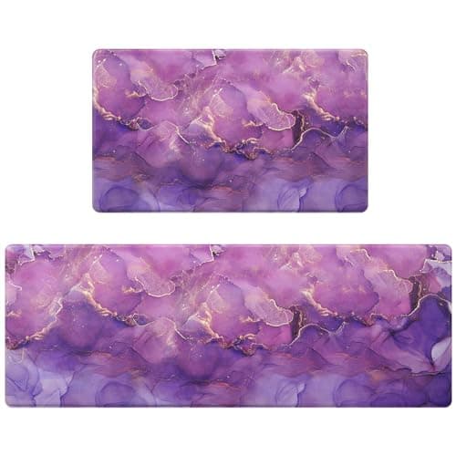 Likiyol Marble Kitchen Rugs Set of 2 Anti Fatigue Mats, Purple Ombre Non Slip Washable Comfort Mats, 18'' x 30'' + 18'' x 48''