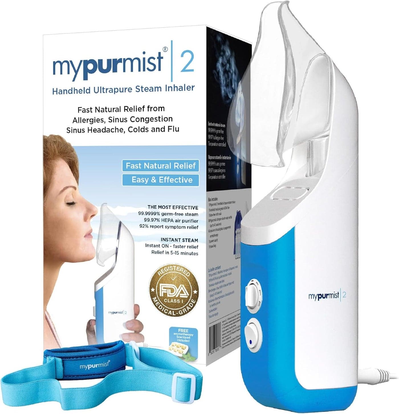 Mypurmist Essential Kit Plus Handsfree Strap Steam Inhaler Personal Handheld Instant Ultrapure Steam Sinus Congestion Cold Cough Relief Vocal Care Skincare Plugin