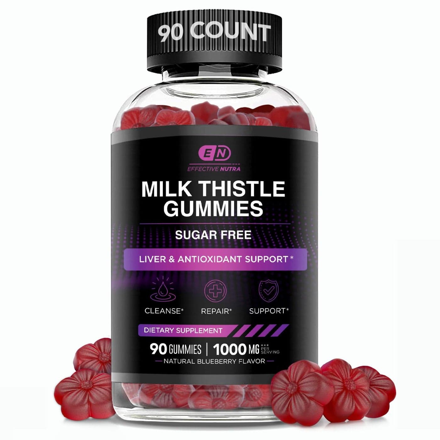 EFFECTIVE NUTRA Milk Thistle Gummies SugarFree Milk Thistle Extract 1000mg for Liver Detox Antioxidant Support Vegan GlutenFree 45Day Supply Natural Berry Flavor Made in USA 90 Count
