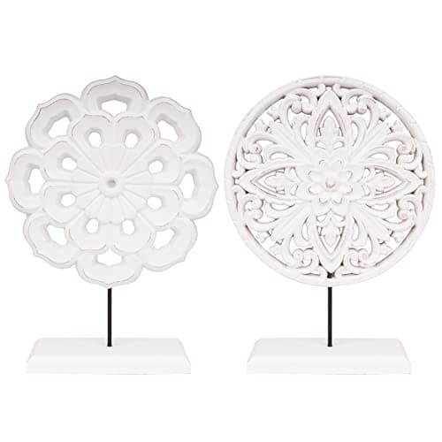 AXEARTE 2 Pack Wooden Carved Cutout Flower Medallion Sculpture Rustic Distressed White MDF Statues Home Tabletop Decor Decorative Ornaments for Living Room Bedroom Office Desktop Cabinets