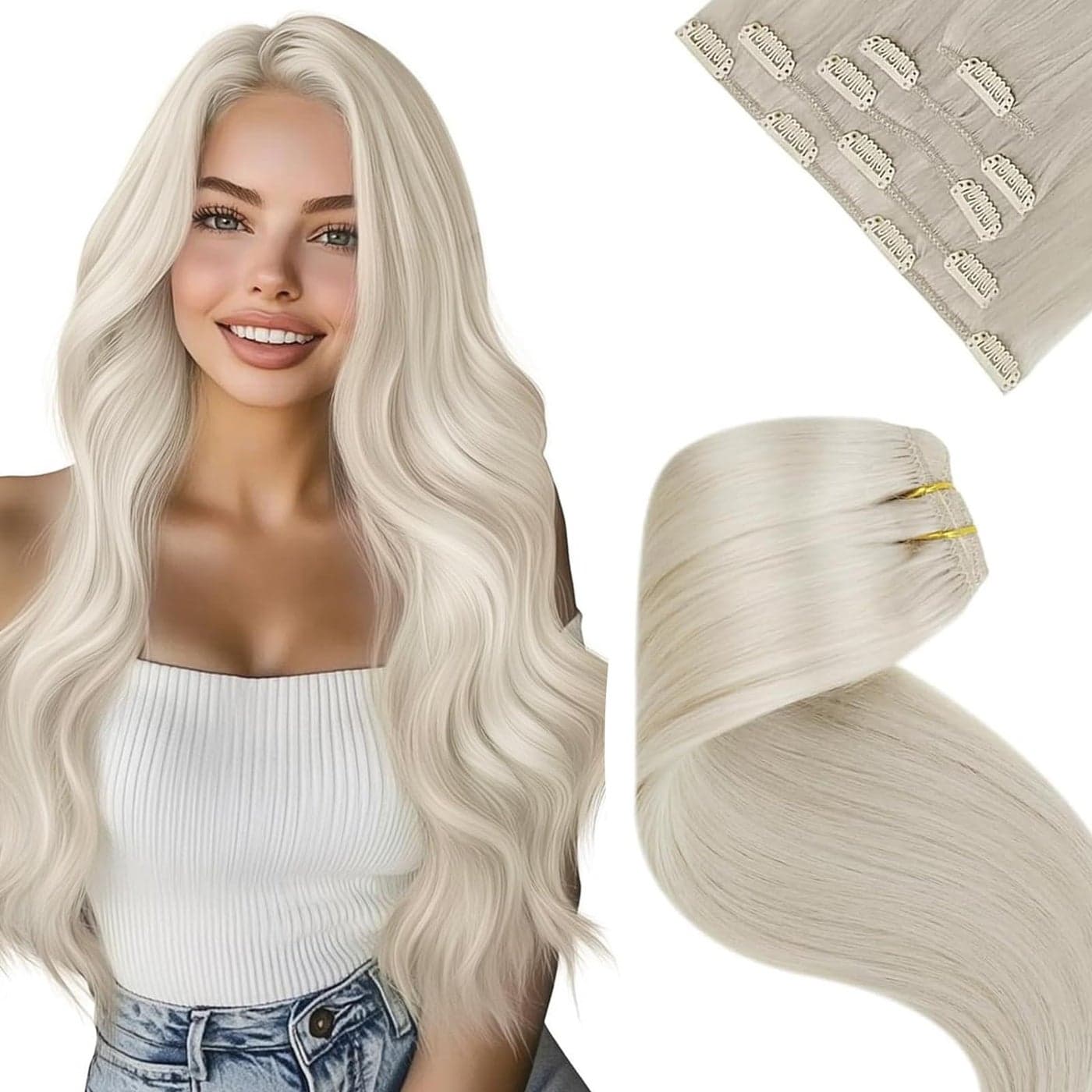 LaaVoo Clip in Hair Extensions Real Human Hair Platinum Blonde Human Hair Clip in Extensions Blonde Hair Extensions Clip ins Silky Straigt 16 Inch 5pcs80g