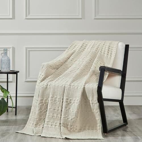 VHC Brands 100 Cotton Waffle Weave Natural Throw 50x60 Decorative Cotton Throw Blanket Boho Farmhouse Bedroom Living Room Decor for Bed Couch or Sofa