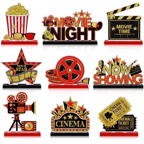 Blosssound 9 Pcs Movie Night Party Decorations Movie Theme Wooden Table Centerpieces Theater Now Showing Table Sign Cinema Popcorn Star Tabletop Decor for Home Film Birthday Party Supplies