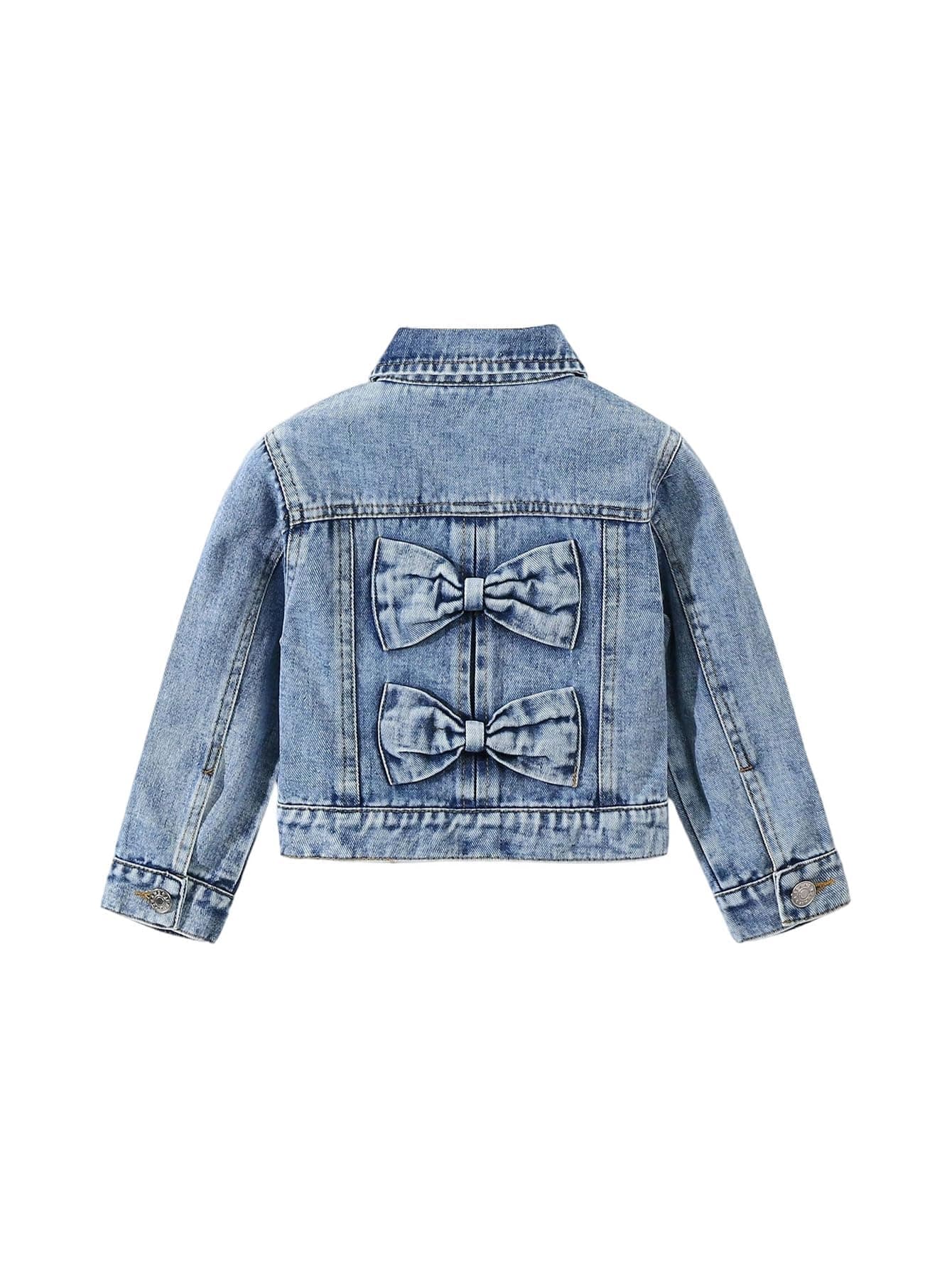 WDIRARA Girl's Bow Denim Jacket Long Sleeve Button Down Jean Jacket Cute Outerwear Light Wash 5Y